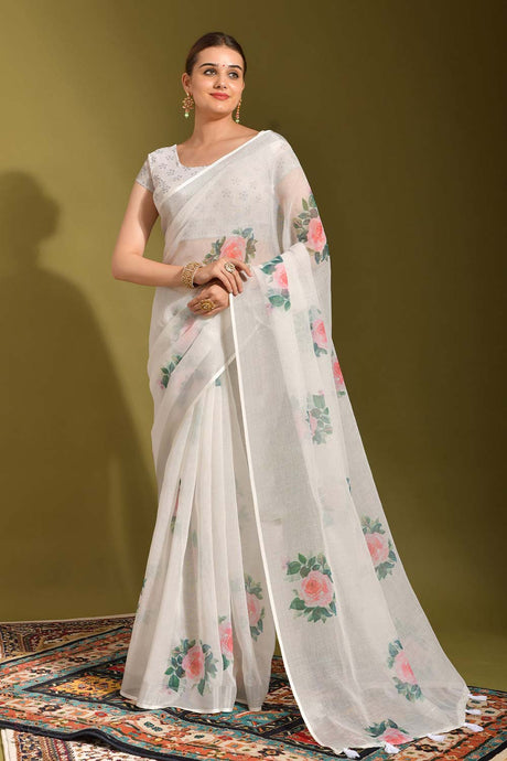 Off-White Linen Printed Saree