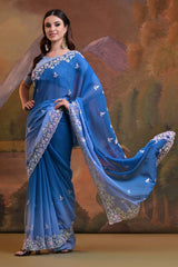 Blue Georgette Embroidered Saree