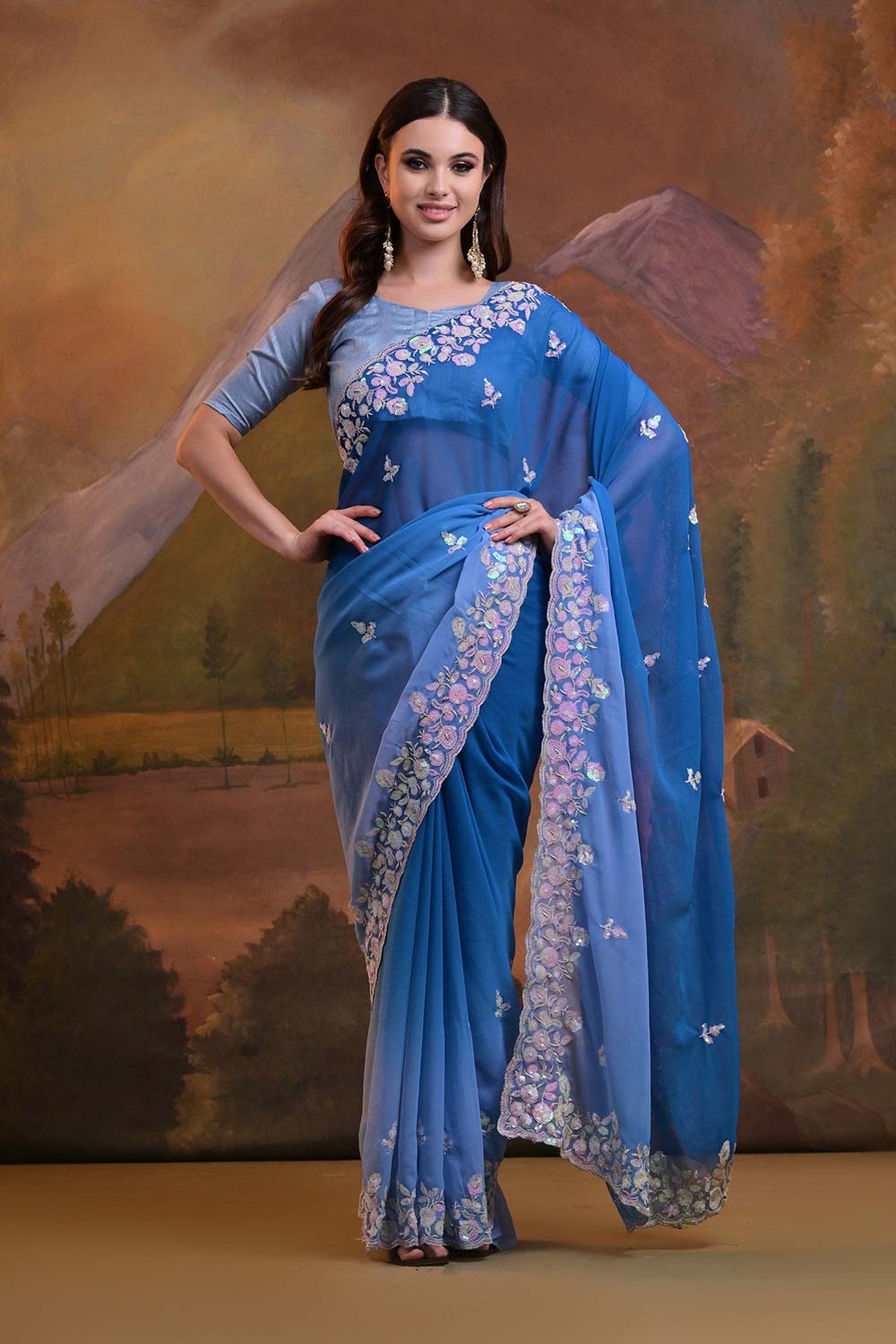 Blue Georgette Embroidered Saree