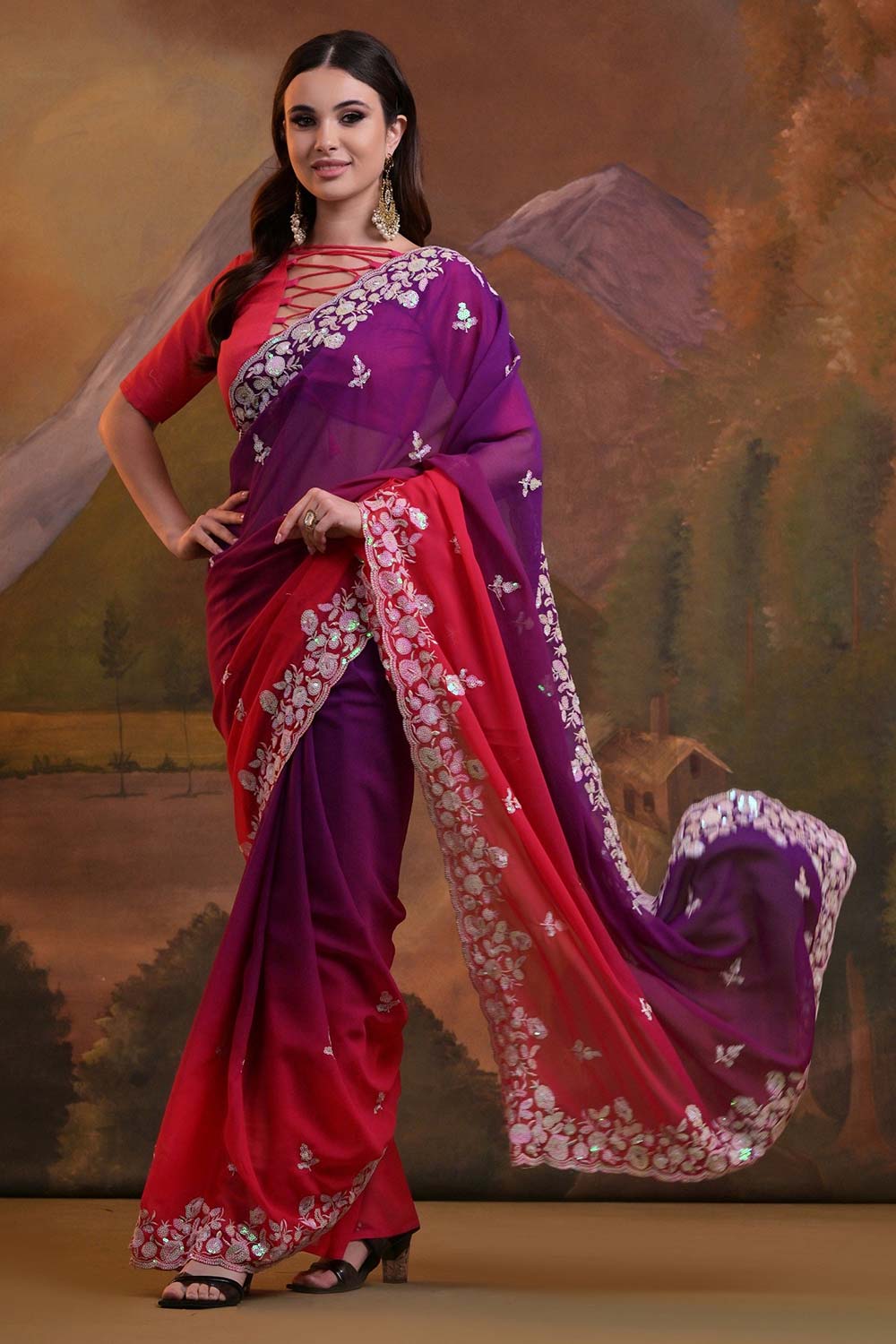 Pink Georgette Embroidered Saree