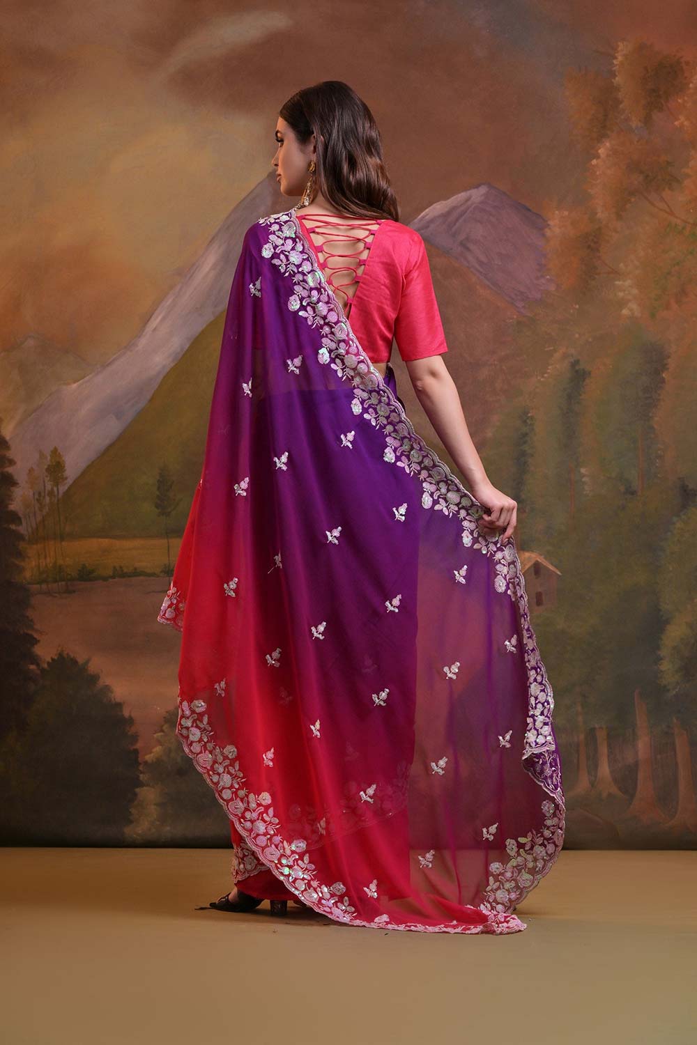 Pink Georgette Embroidered Saree