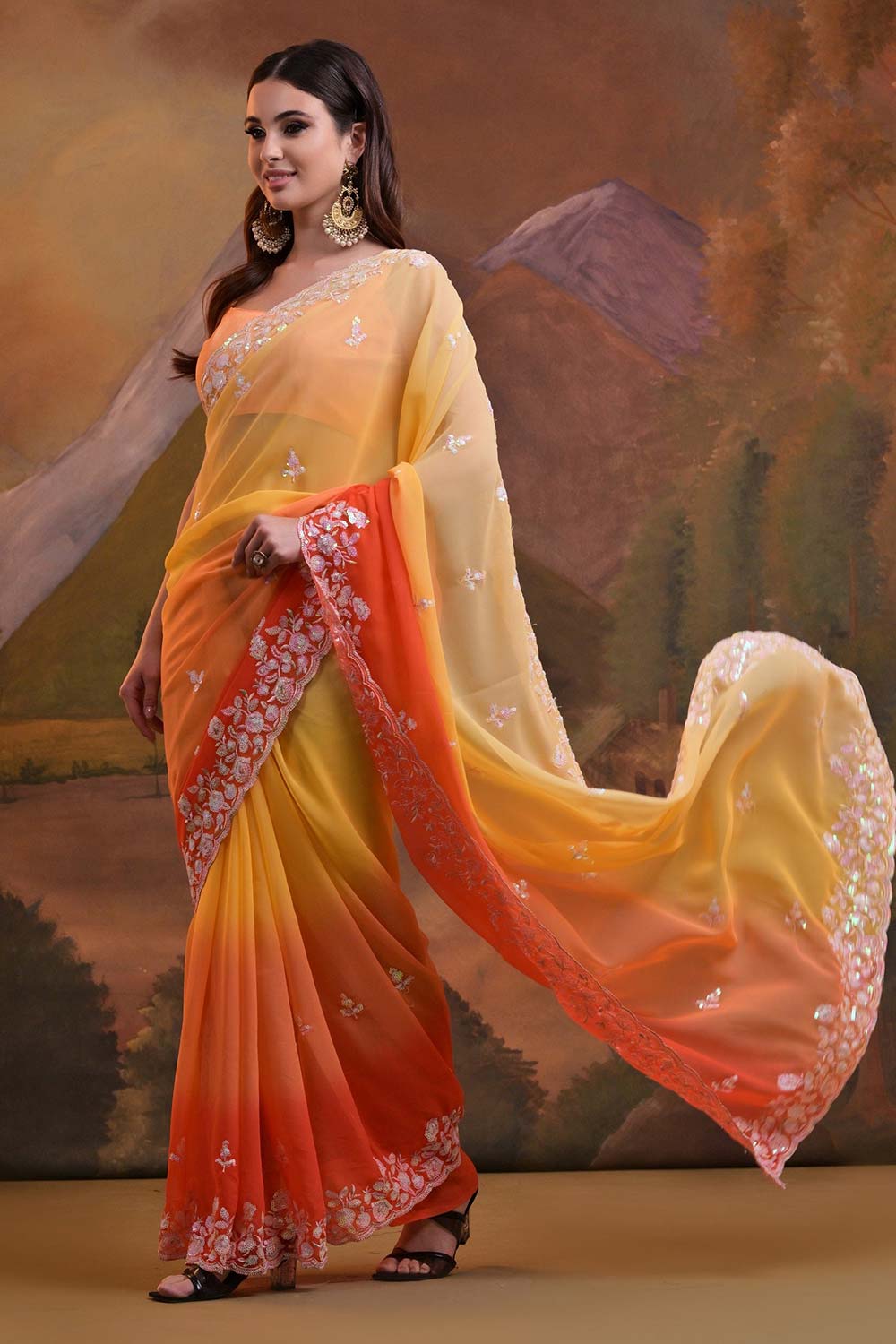 Yellow Georgette Embroidered Saree