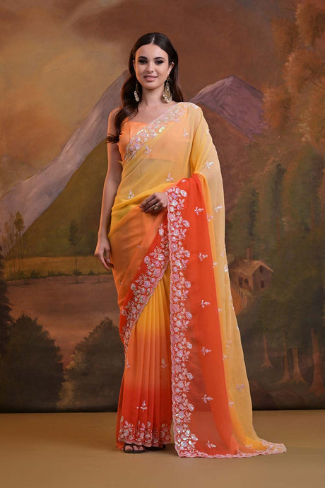 Yellow Georgette Embroidered Saree