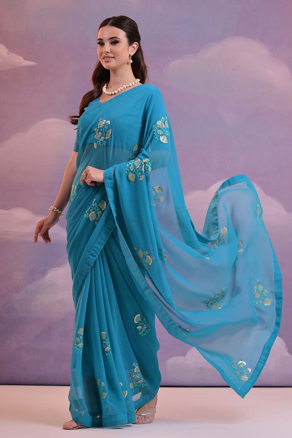 Blue Georgette Embroidered Saree