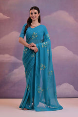 Blue Georgette Embroidered Saree