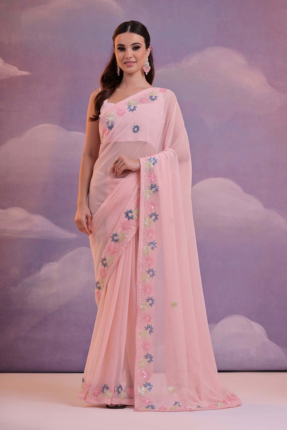 Pink Georgette Embroidered Saree