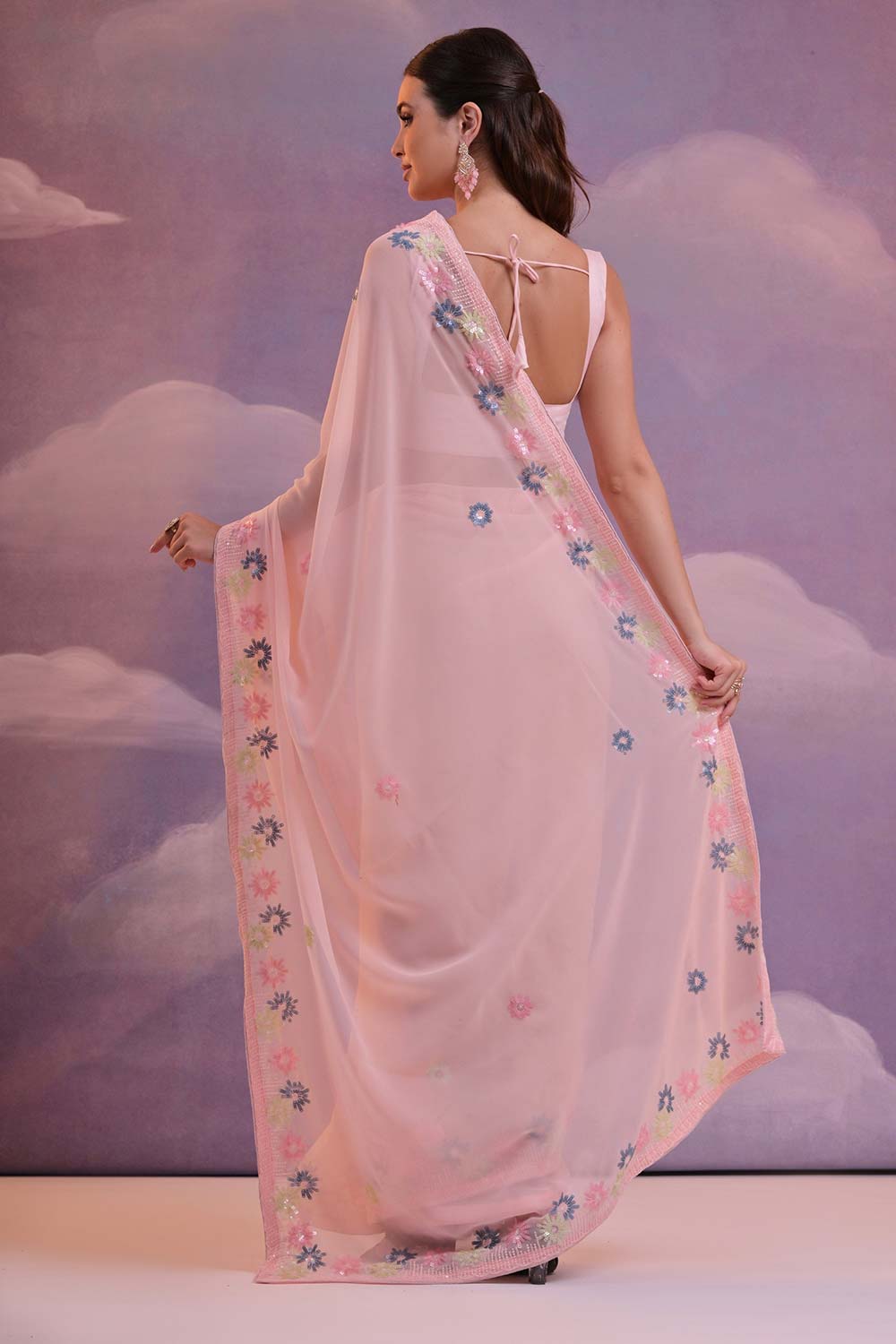 Pink Georgette Embroidered Saree