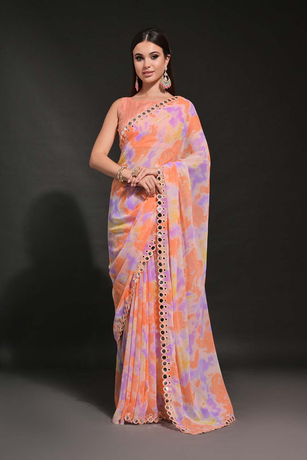 Orange Georgette printed Saree