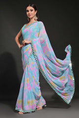 Blue Georgette printed Saree