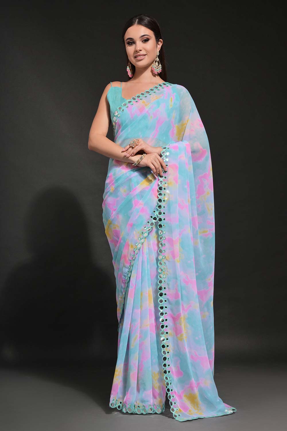 Blue Georgette printed Saree