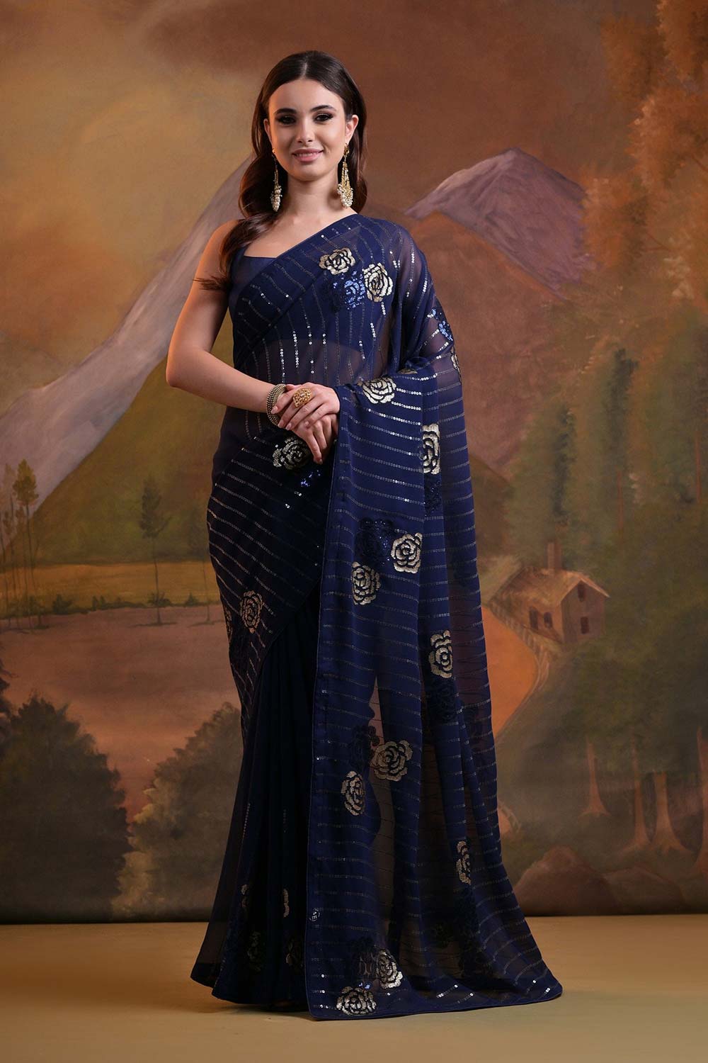 Blue Georgette Embroidered Saree