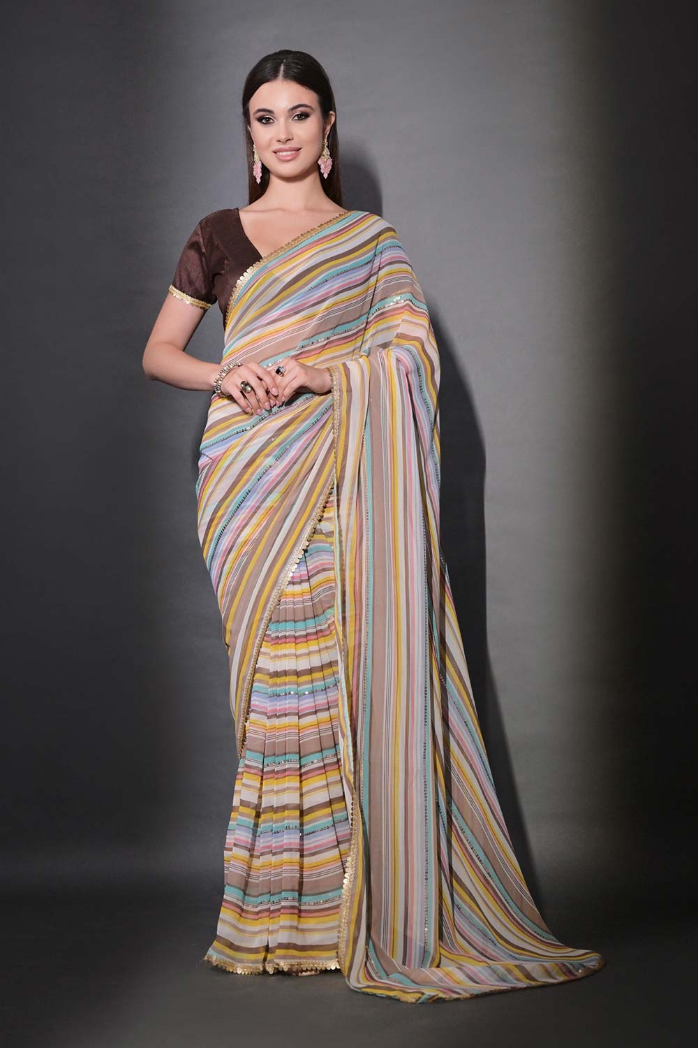 Brown Georgette printed Saree