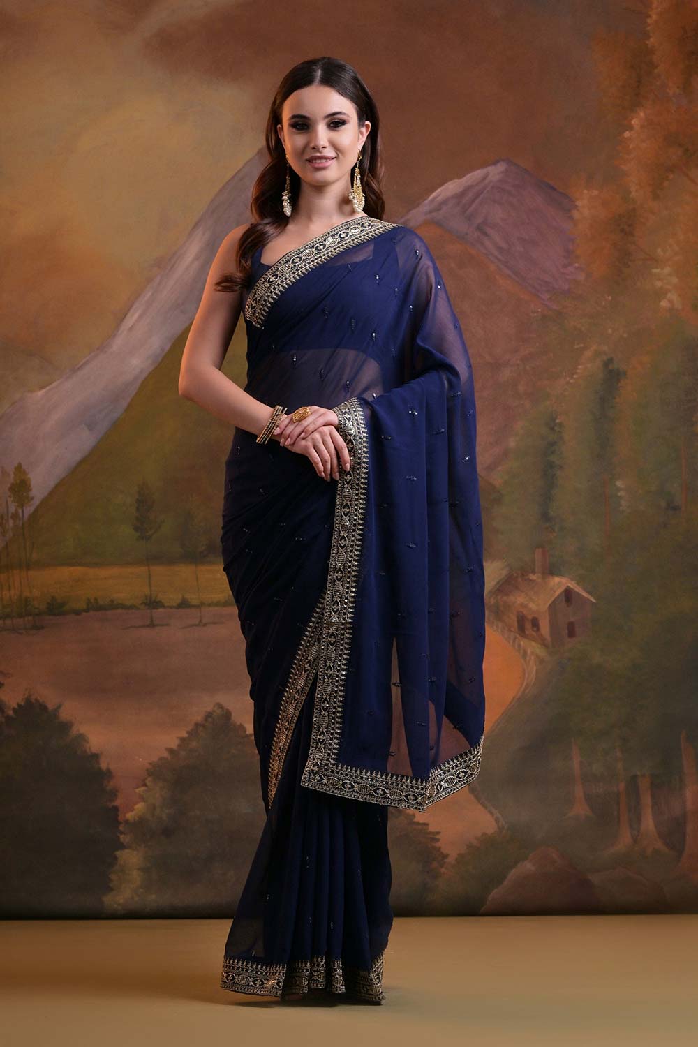 Blue Georgette Embroidered Saree