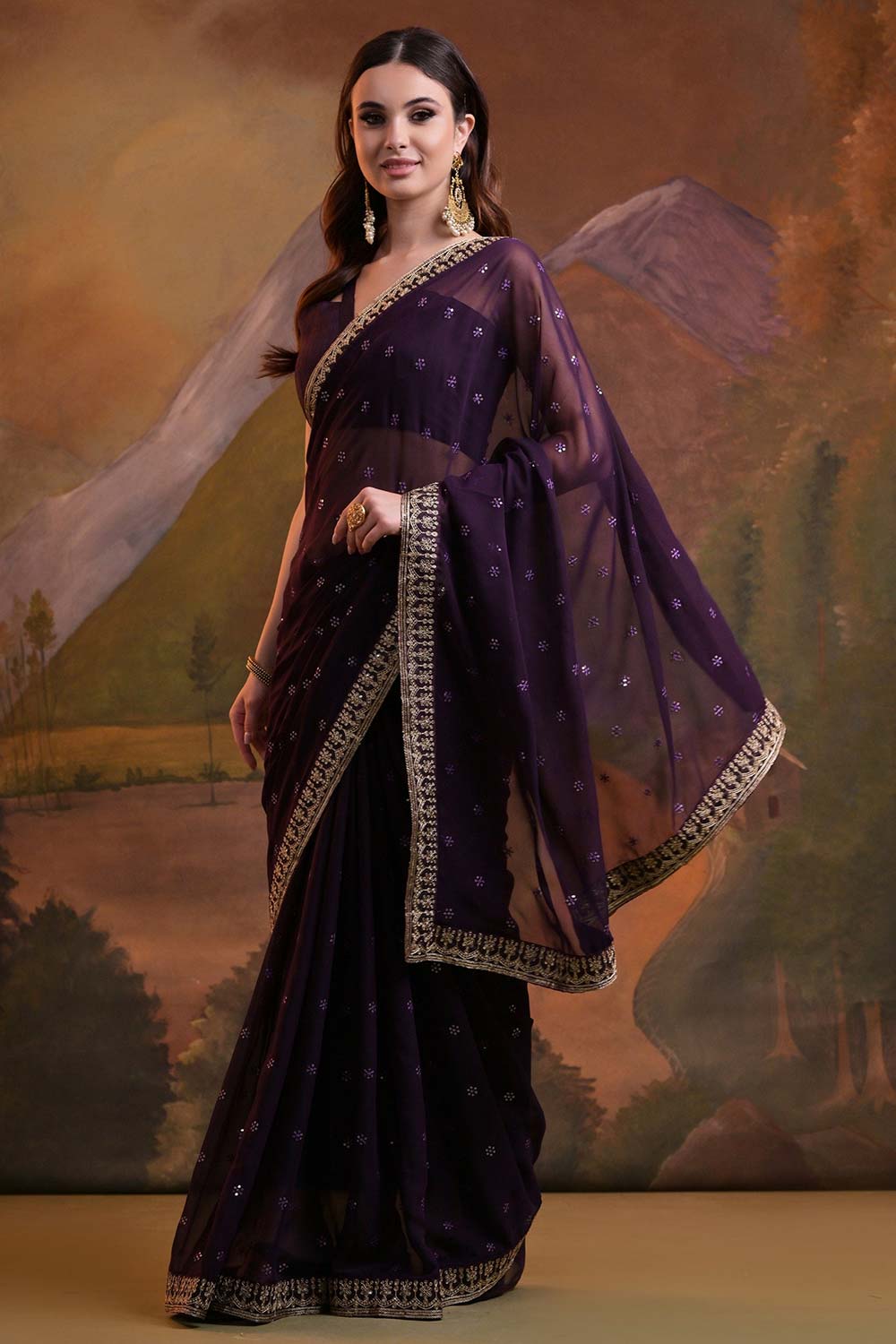 Purple Georgette Embroidered Saree