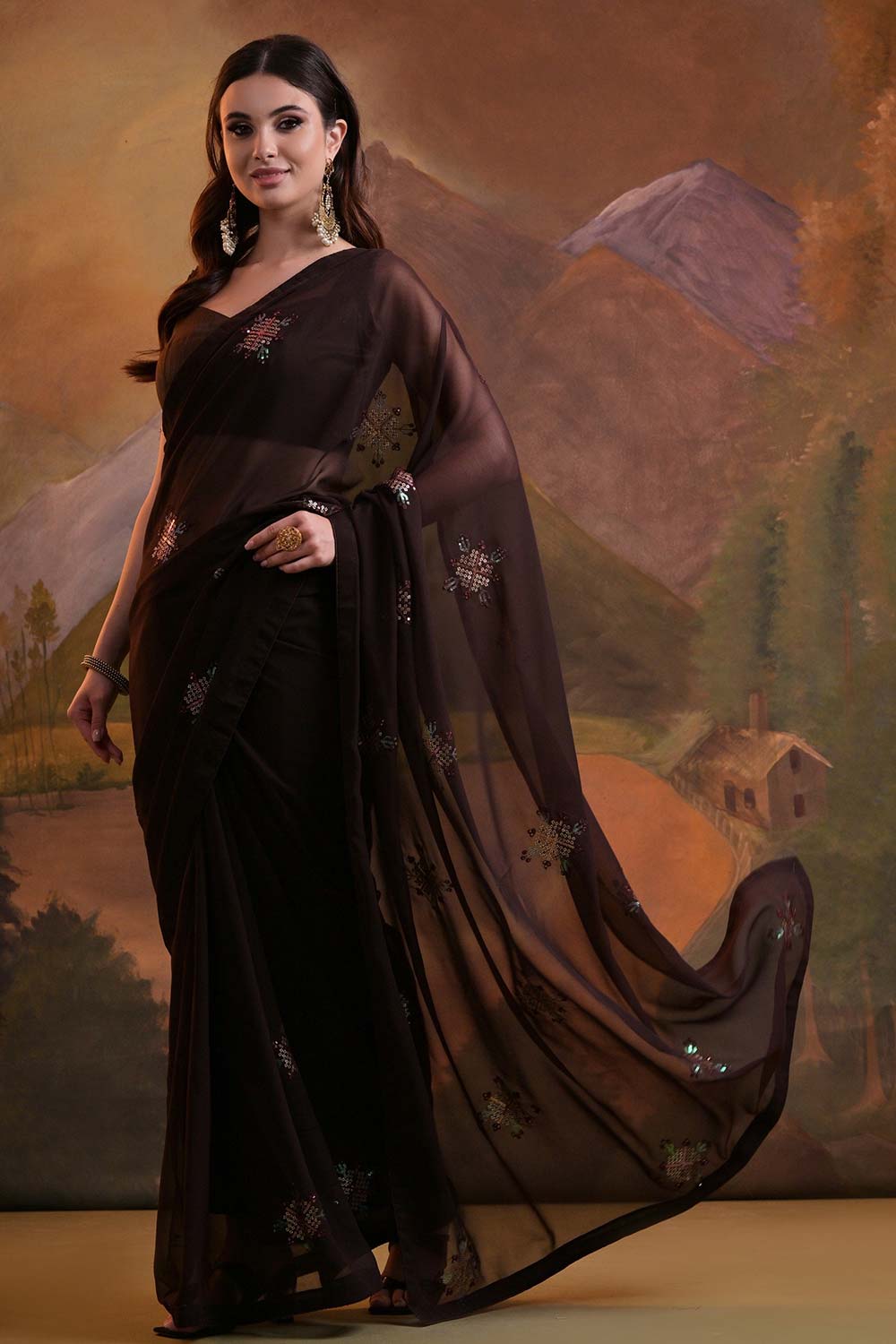 Brown Georgette Embroidered Saree