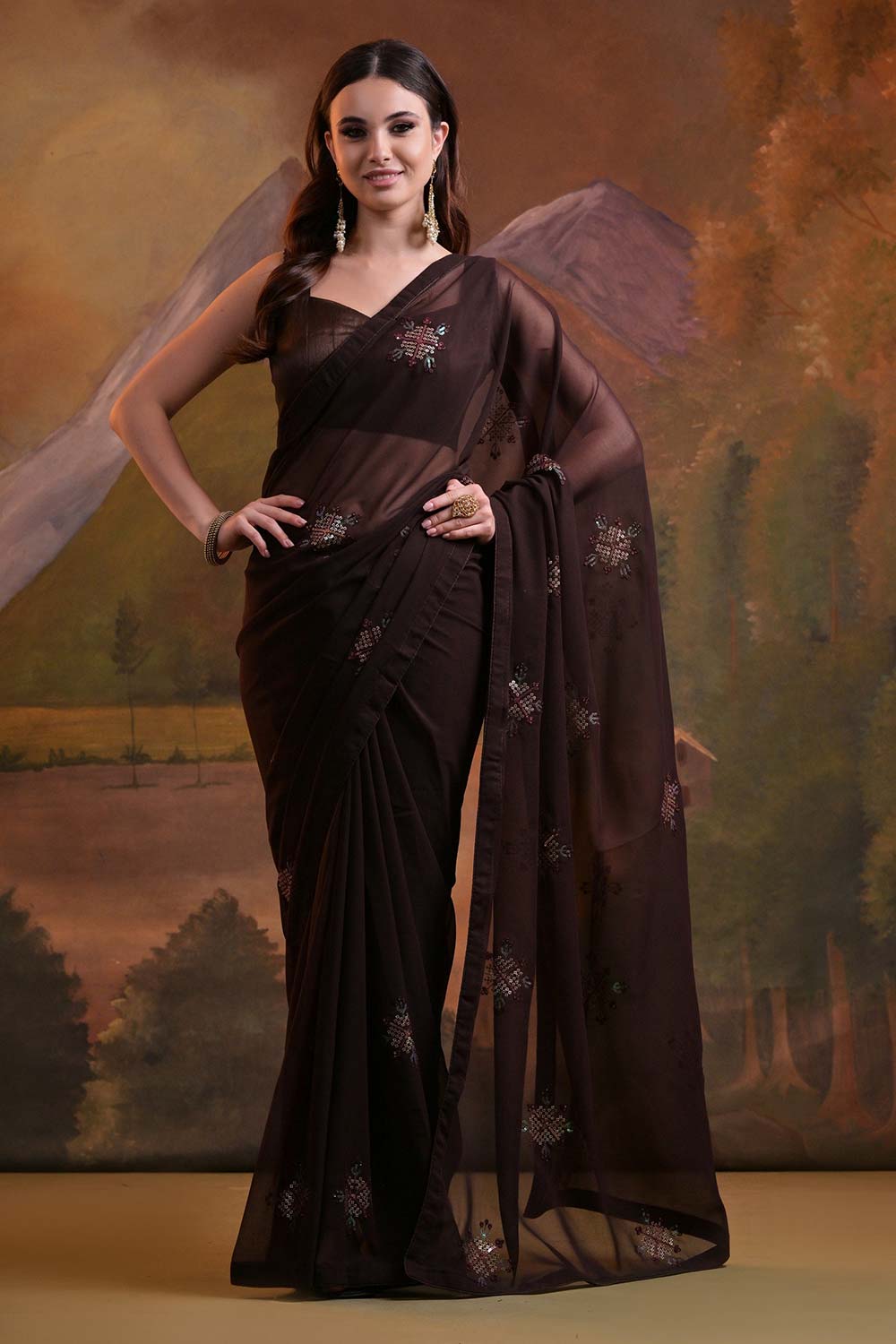 Brown Georgette Embroidered Saree