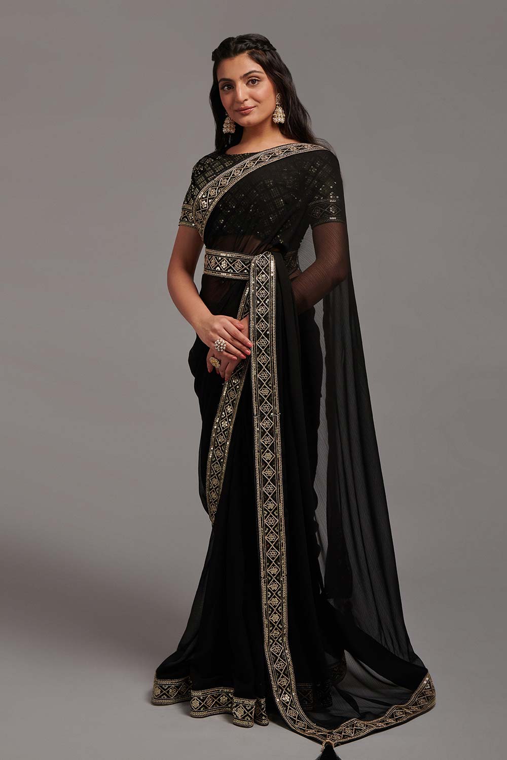 Black Chinon Zari  Saree