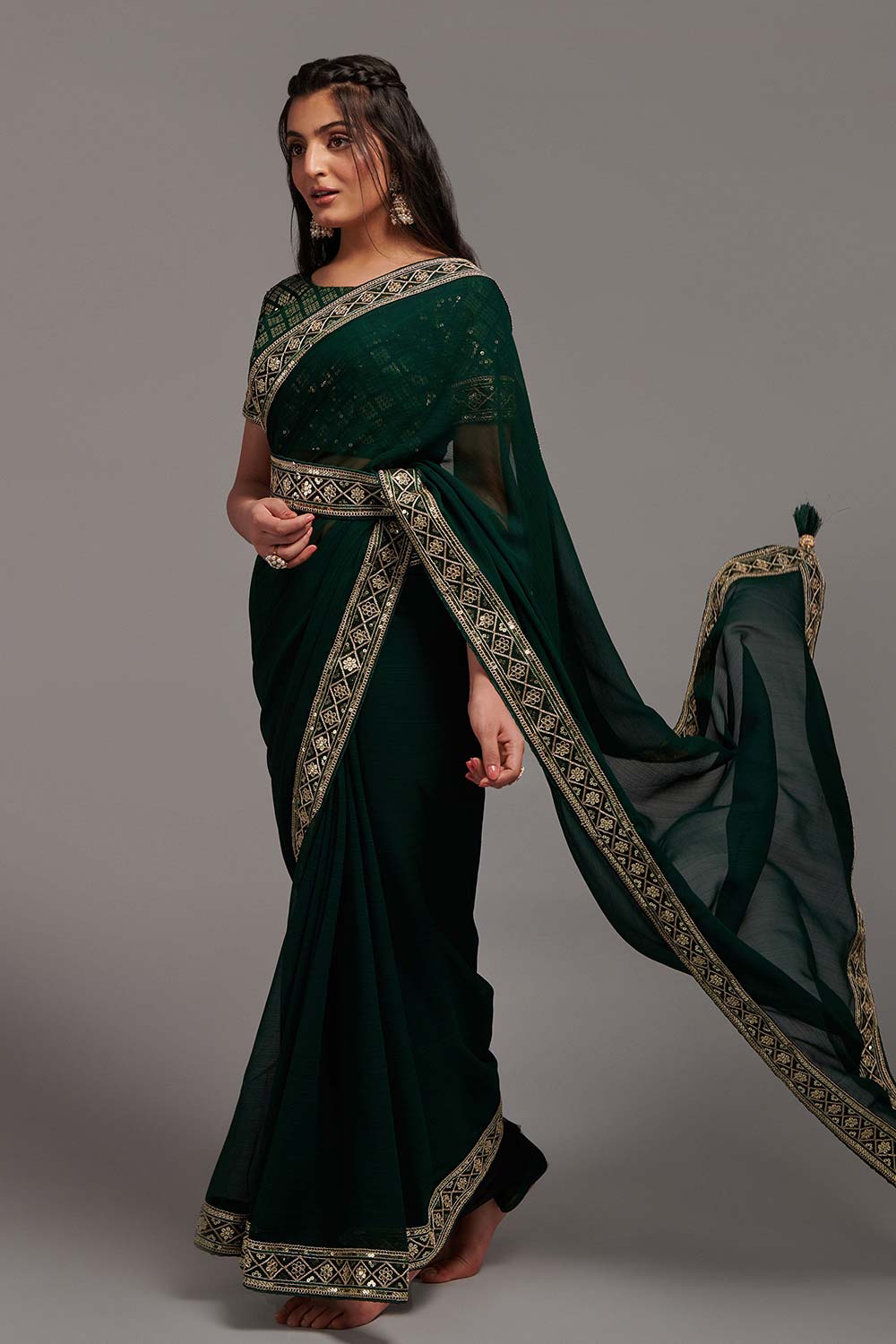 Green Chinon Zari  Saree