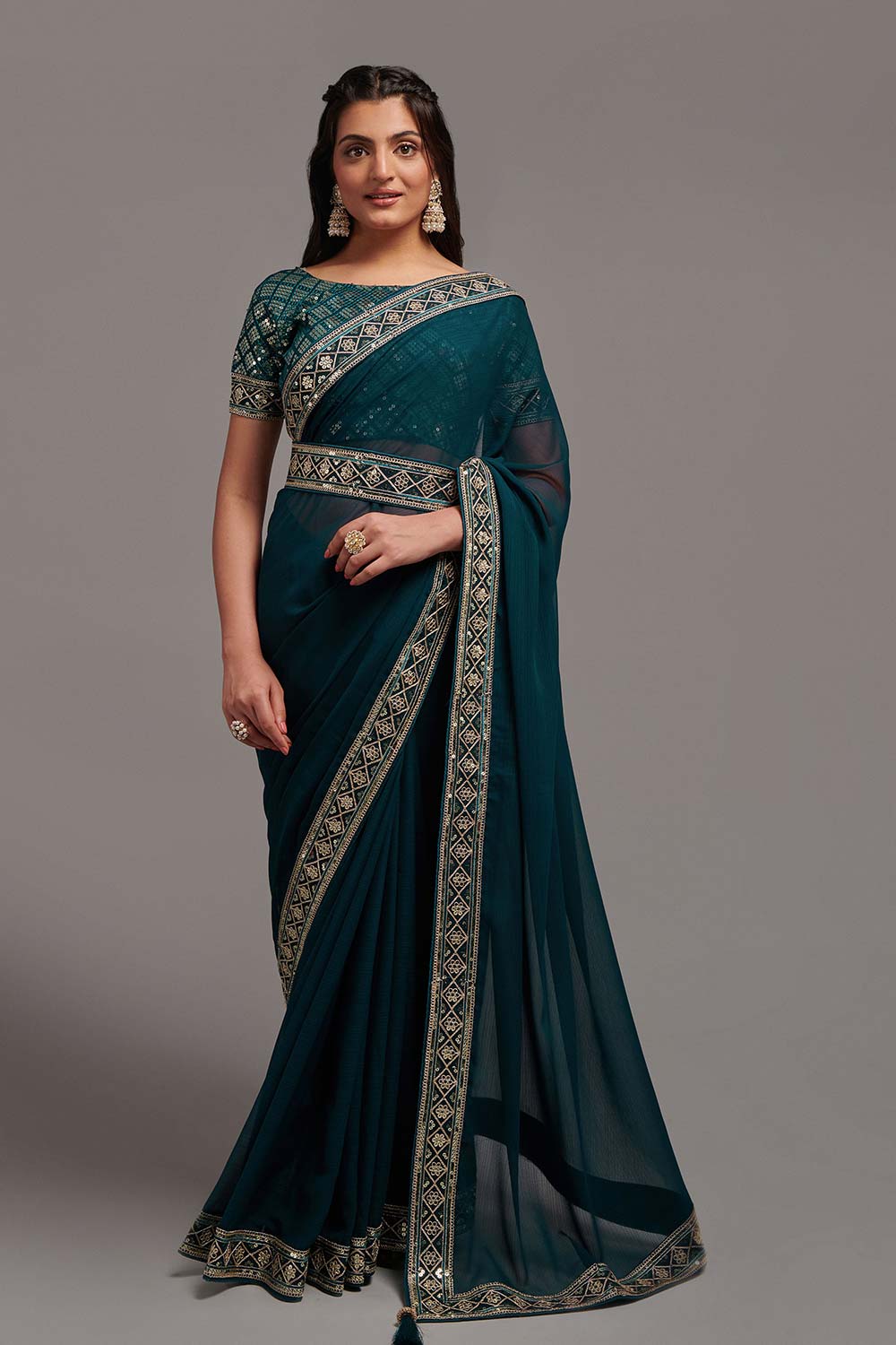 Blue Chinon Zari  Saree