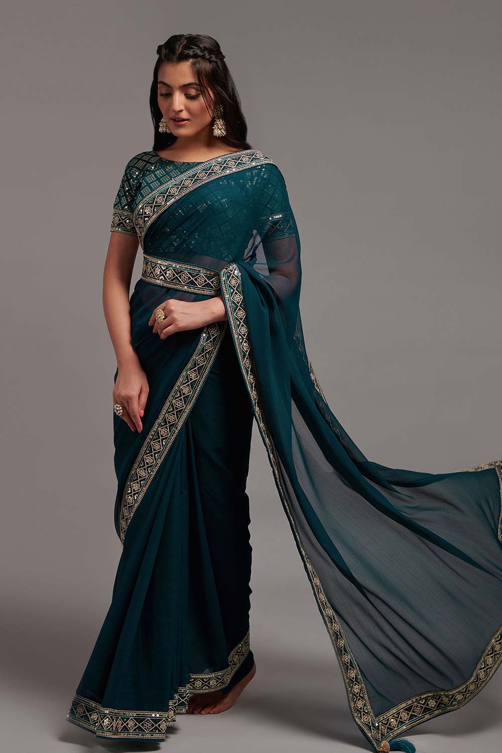 Blue Chinon Zari  Saree