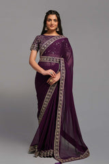 Purple Chinon Zari  Saree