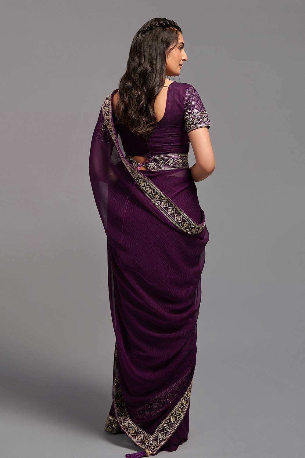 Purple Chinon Zari  Saree