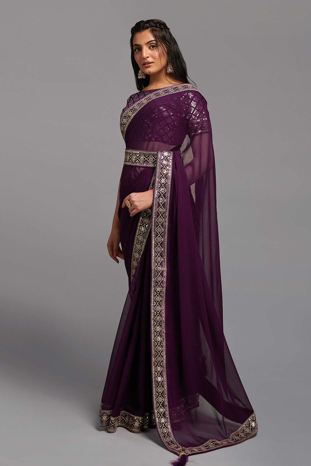 Purple Chinon Zari  Saree