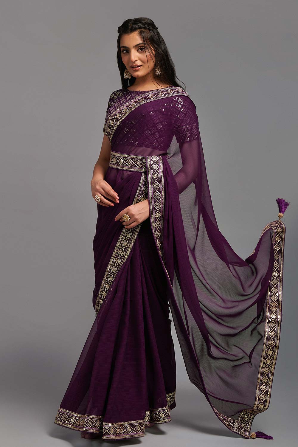 Purple Chinon Zari  Saree