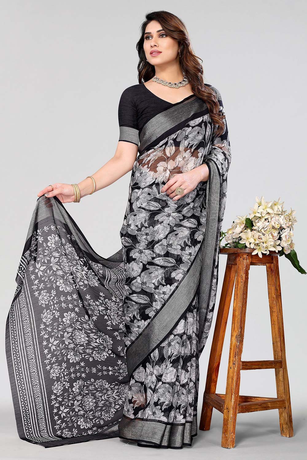 Black Chiffon printed Saree