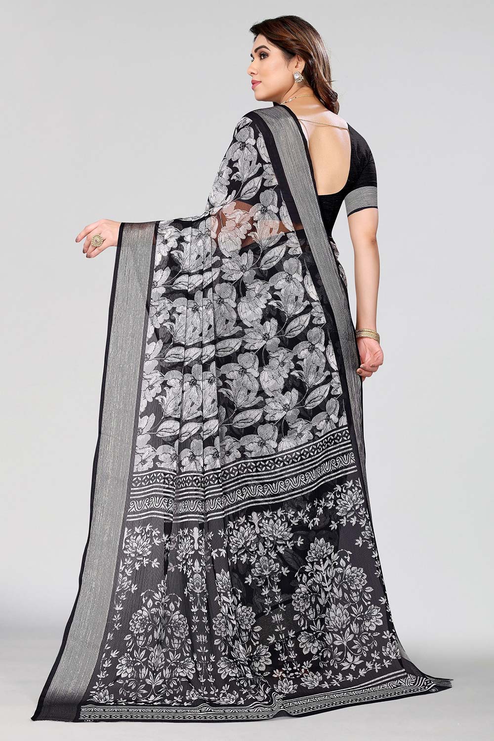 Black Chiffon printed Saree