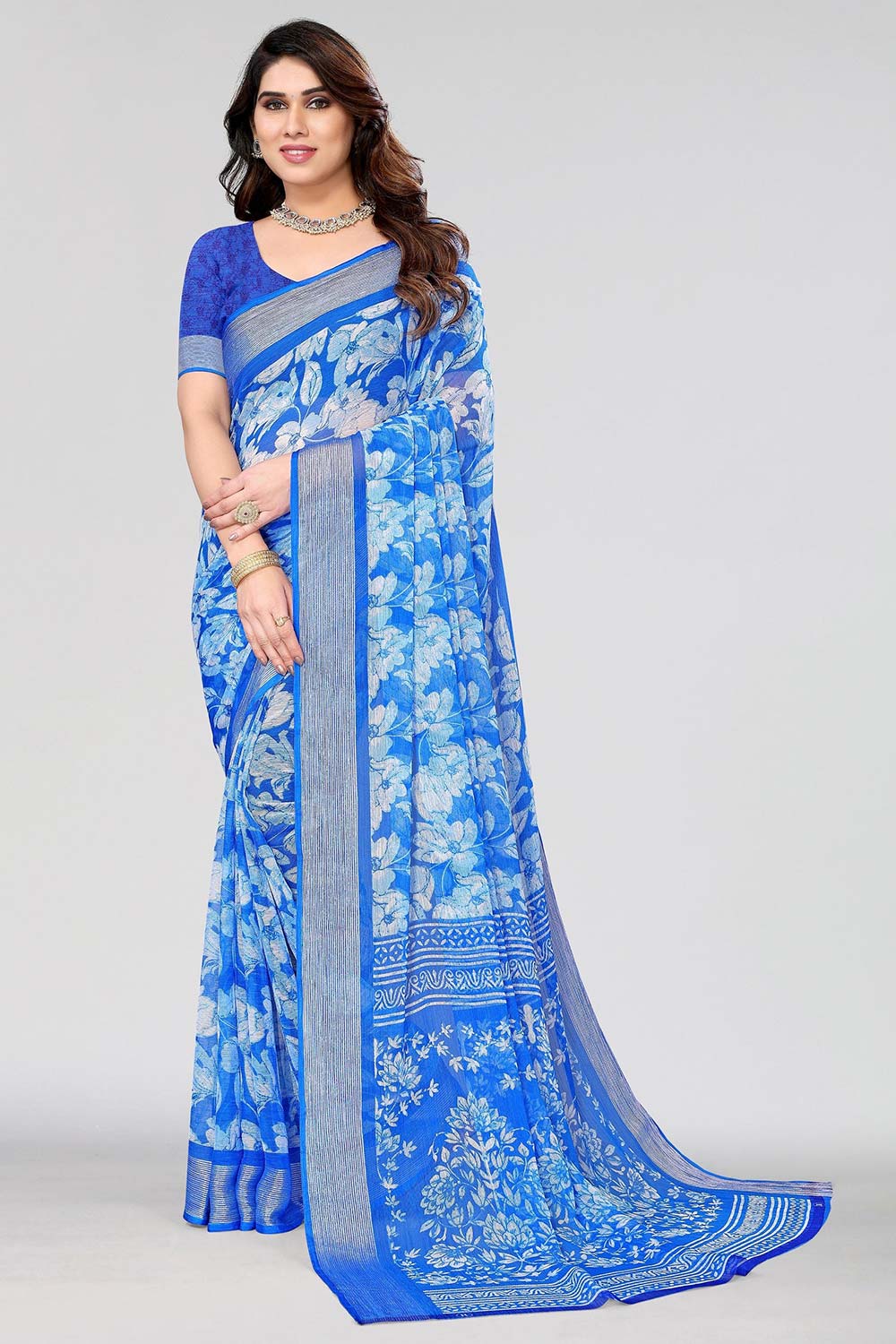 Blue Chiffon printed Saree