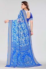 Blue Chiffon printed Saree