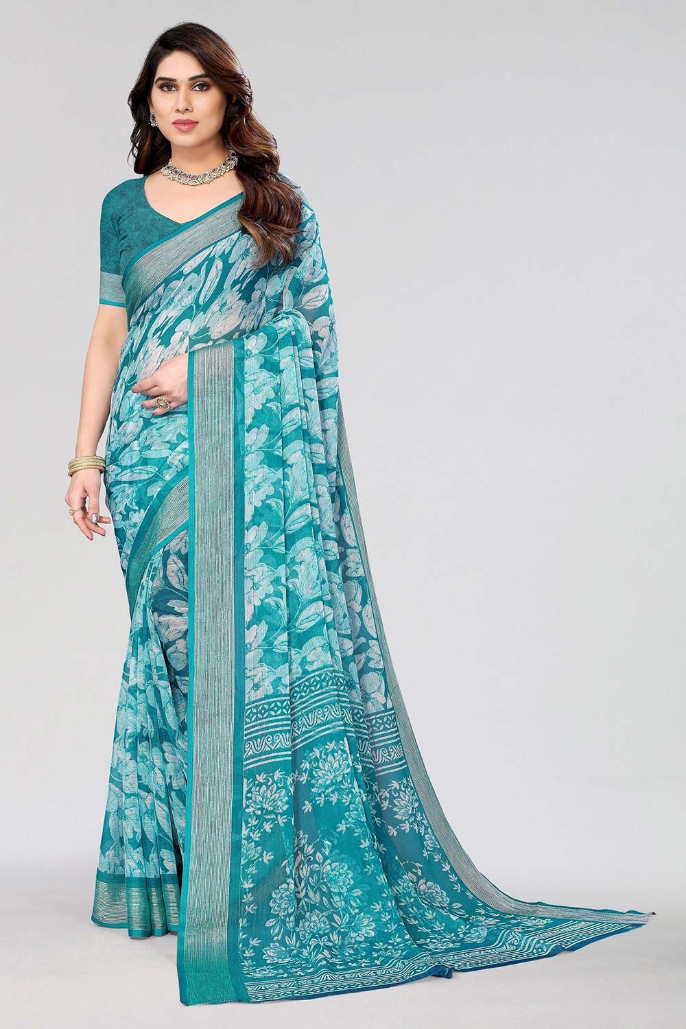 Green Chiffon printed Saree