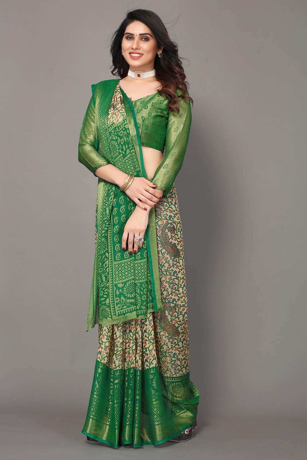 Green Chiffon printed Saree