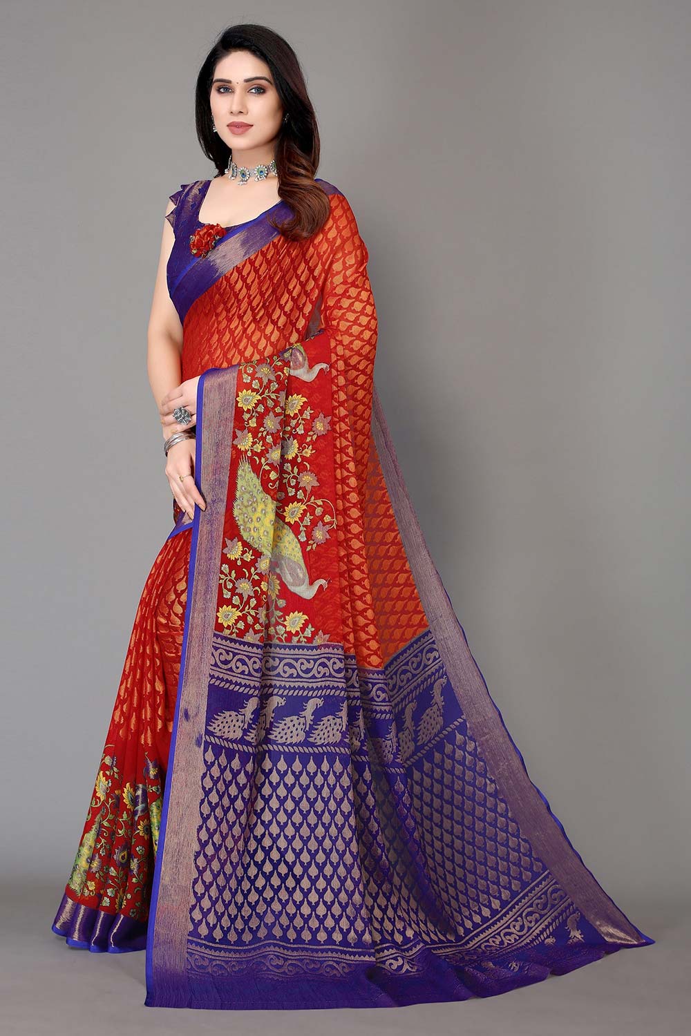 Red Chiffon printed Saree