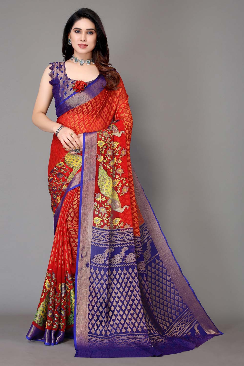 Red Chiffon printed Saree