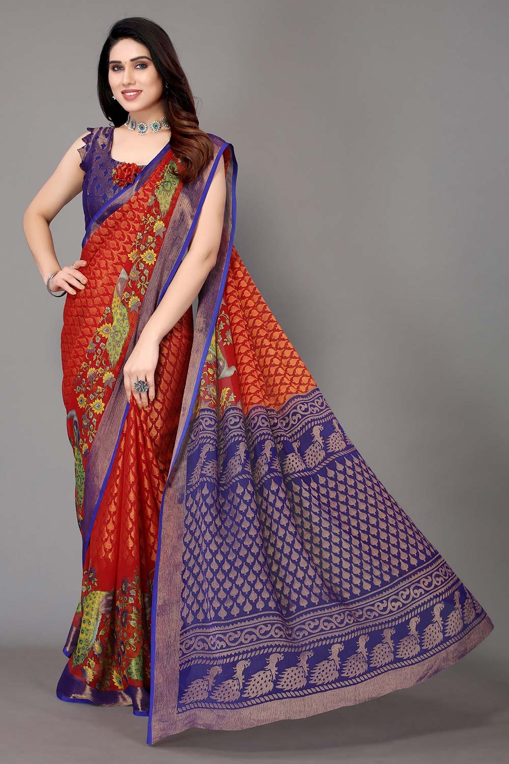 Red Chiffon printed Saree