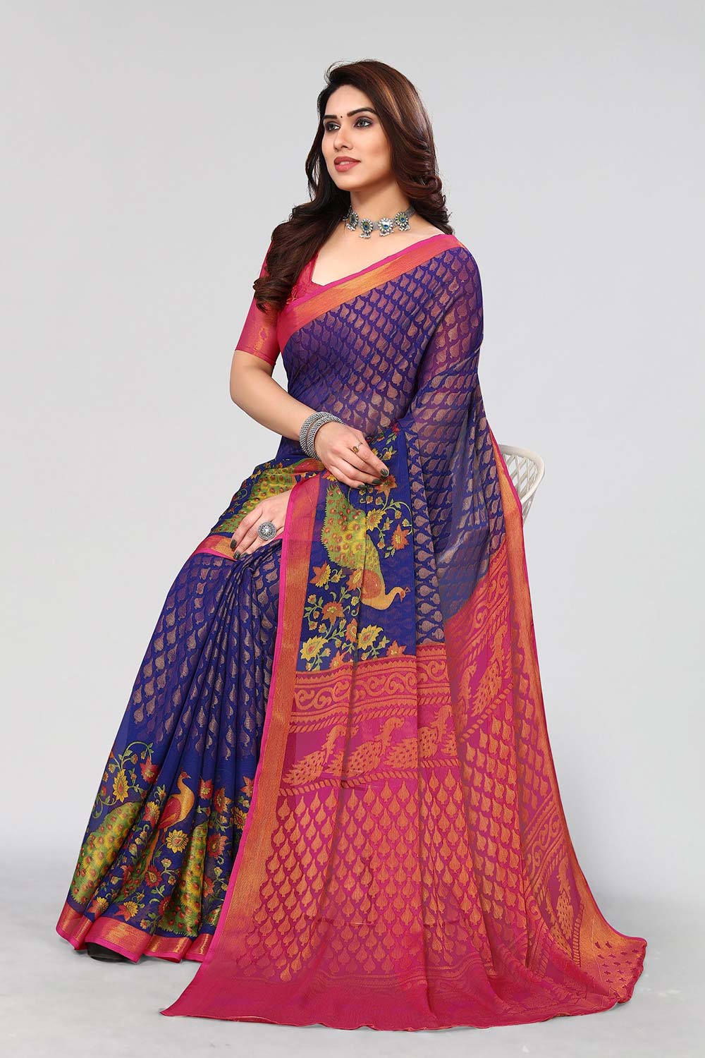 Blue Chiffon printed Saree