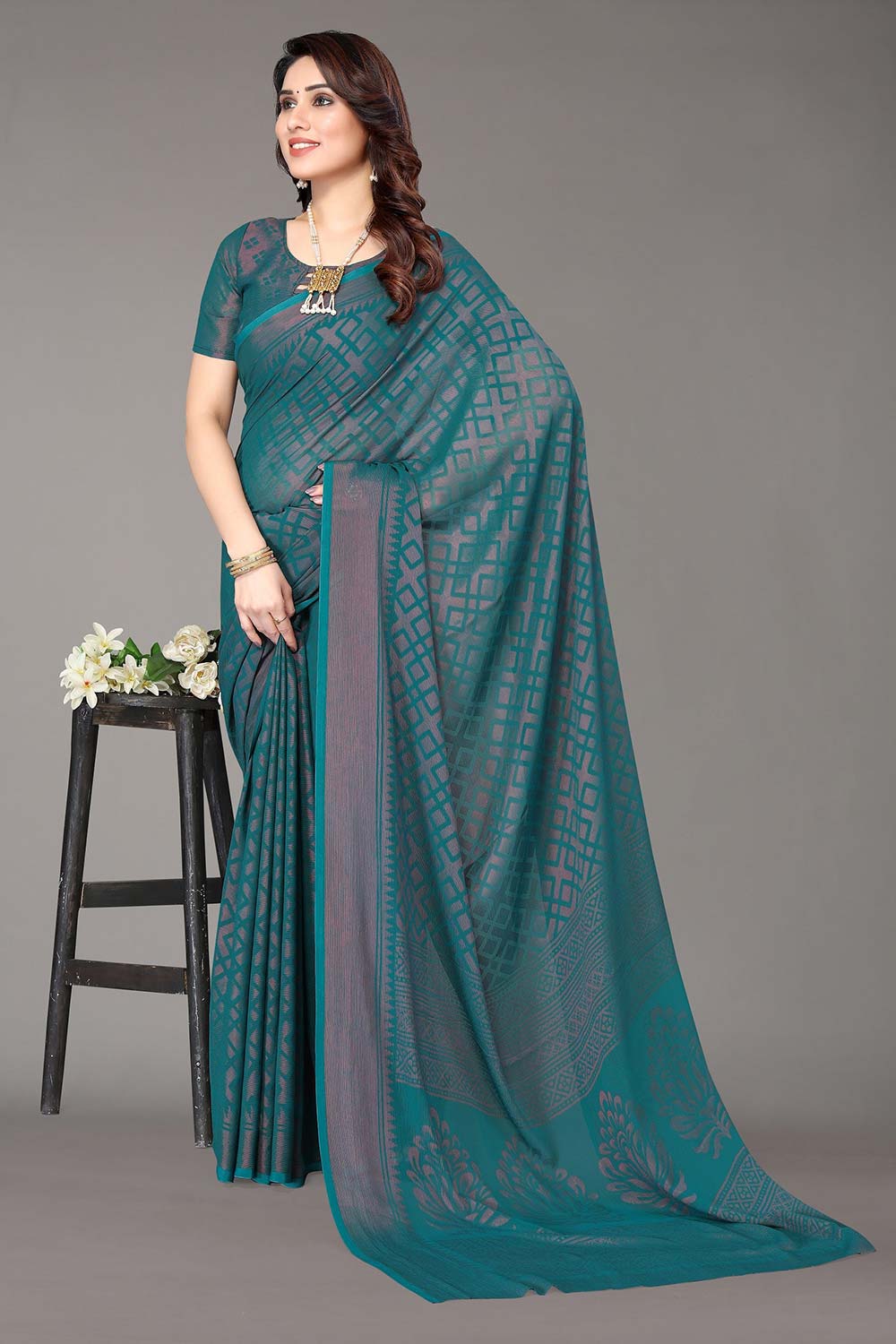 Green Chiffon printed Saree