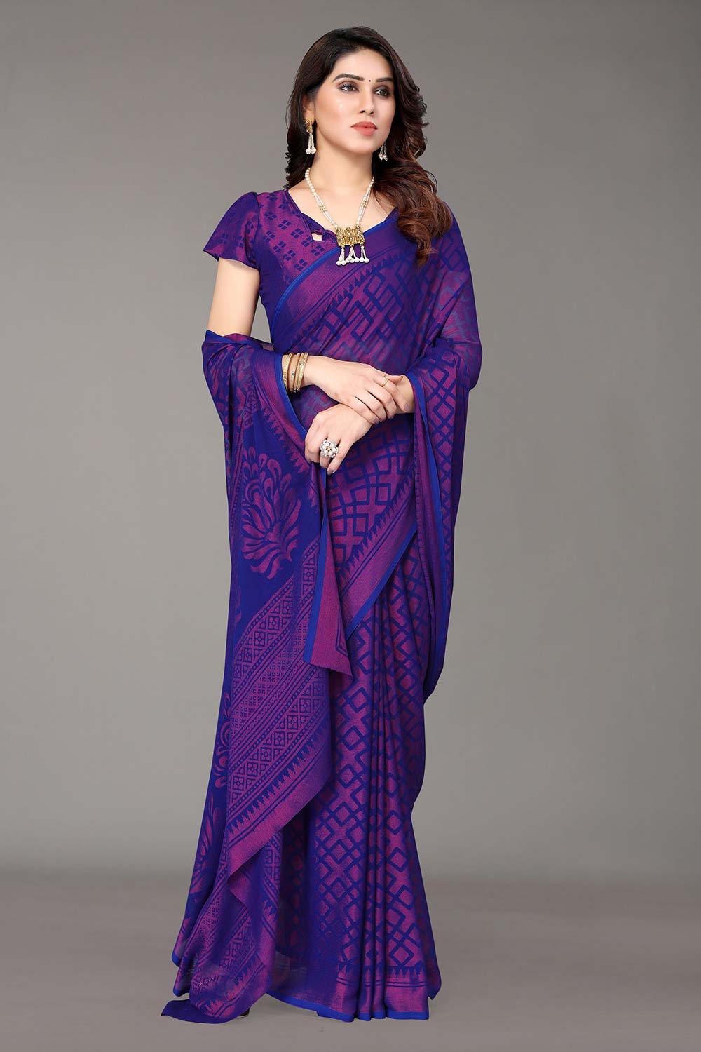 Blue Chiffon printed Saree