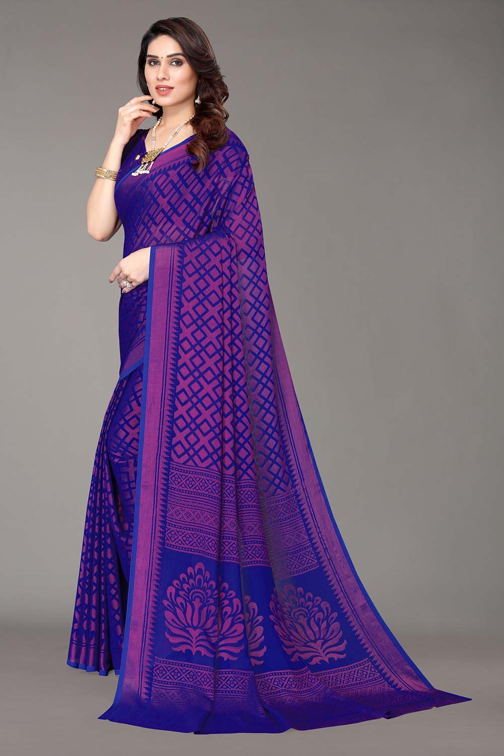 Blue Chiffon printed Saree