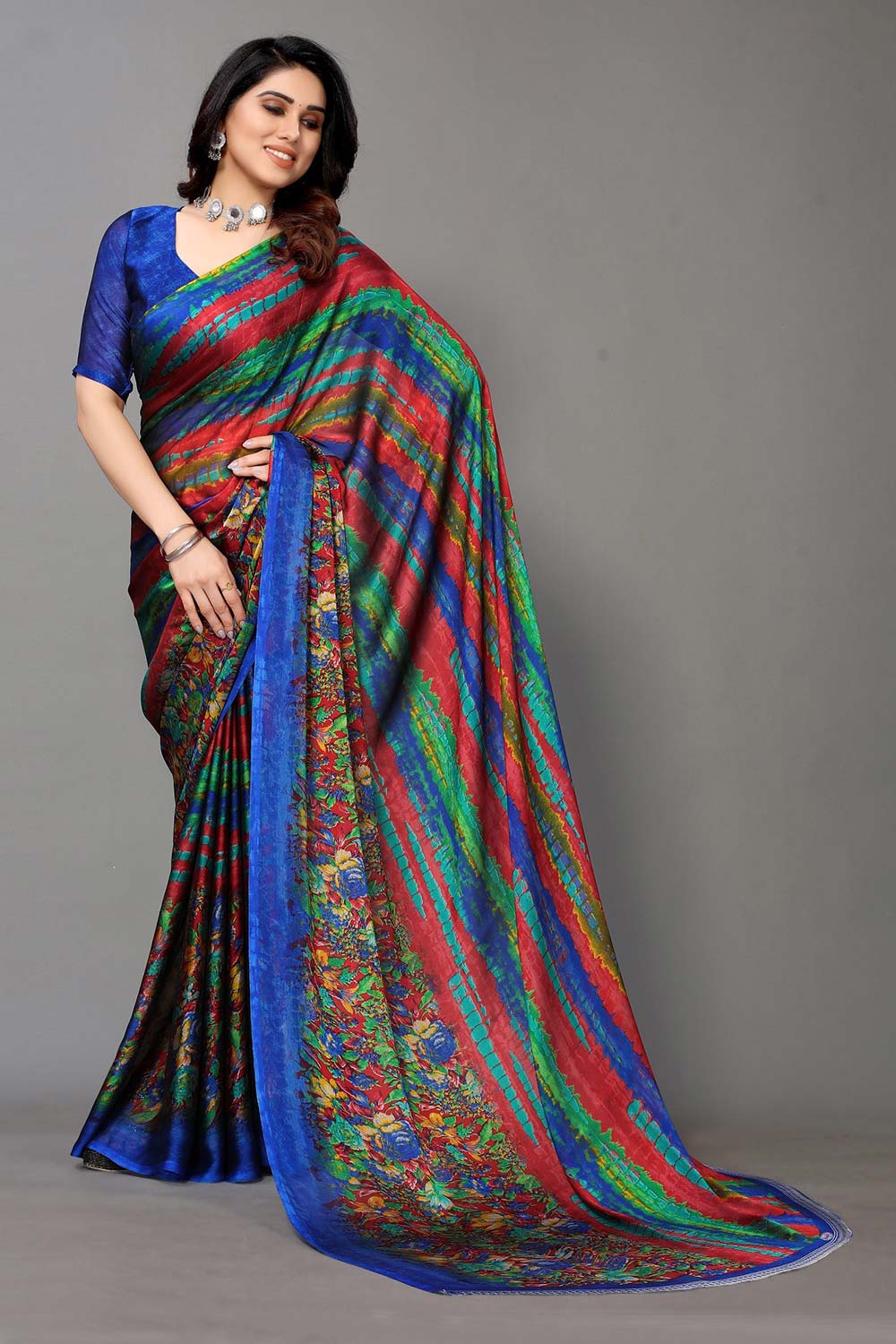 Blue Chiffon printed Saree