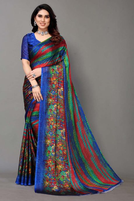 Blue Chiffon printed Saree