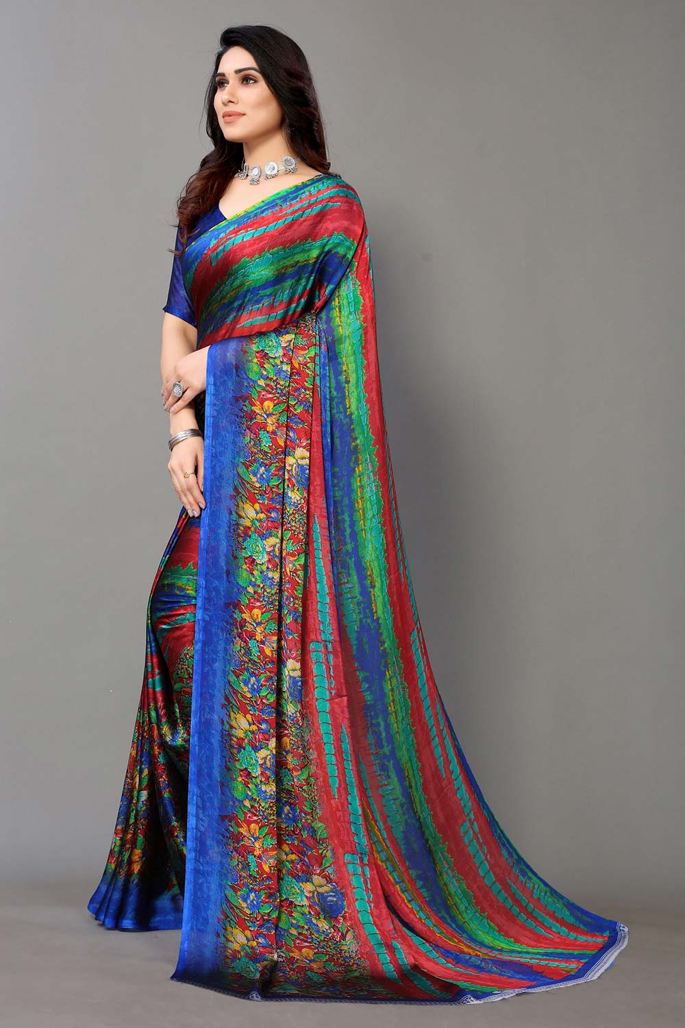 Blue Chiffon printed Saree