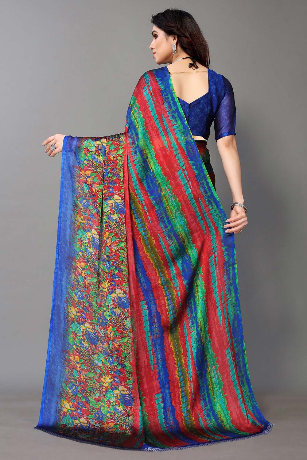 Blue Chiffon printed Saree