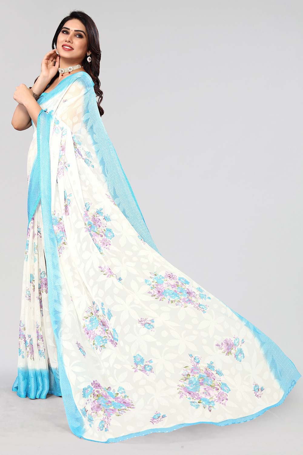 White Chiffon printed Saree