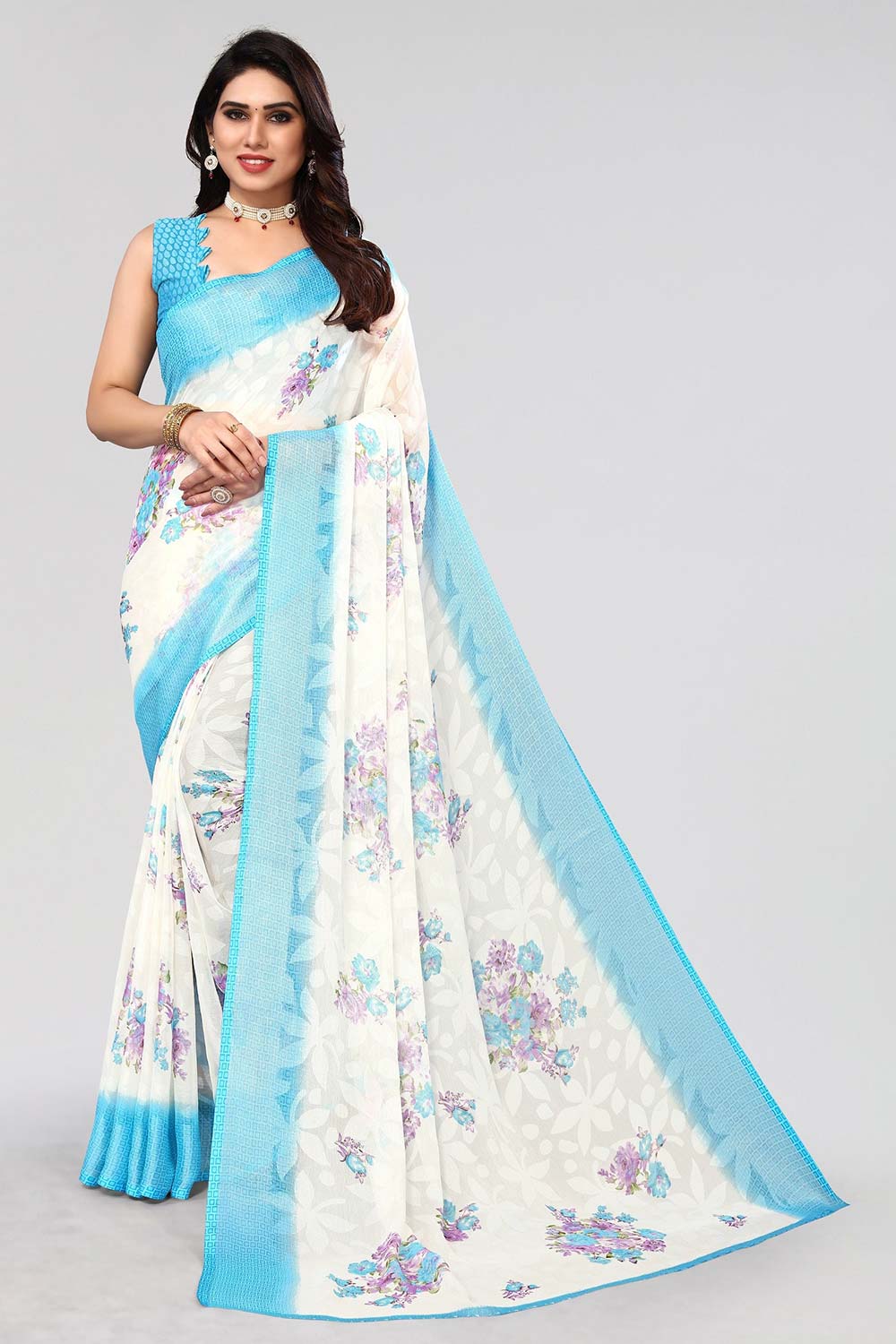 White Chiffon printed Saree