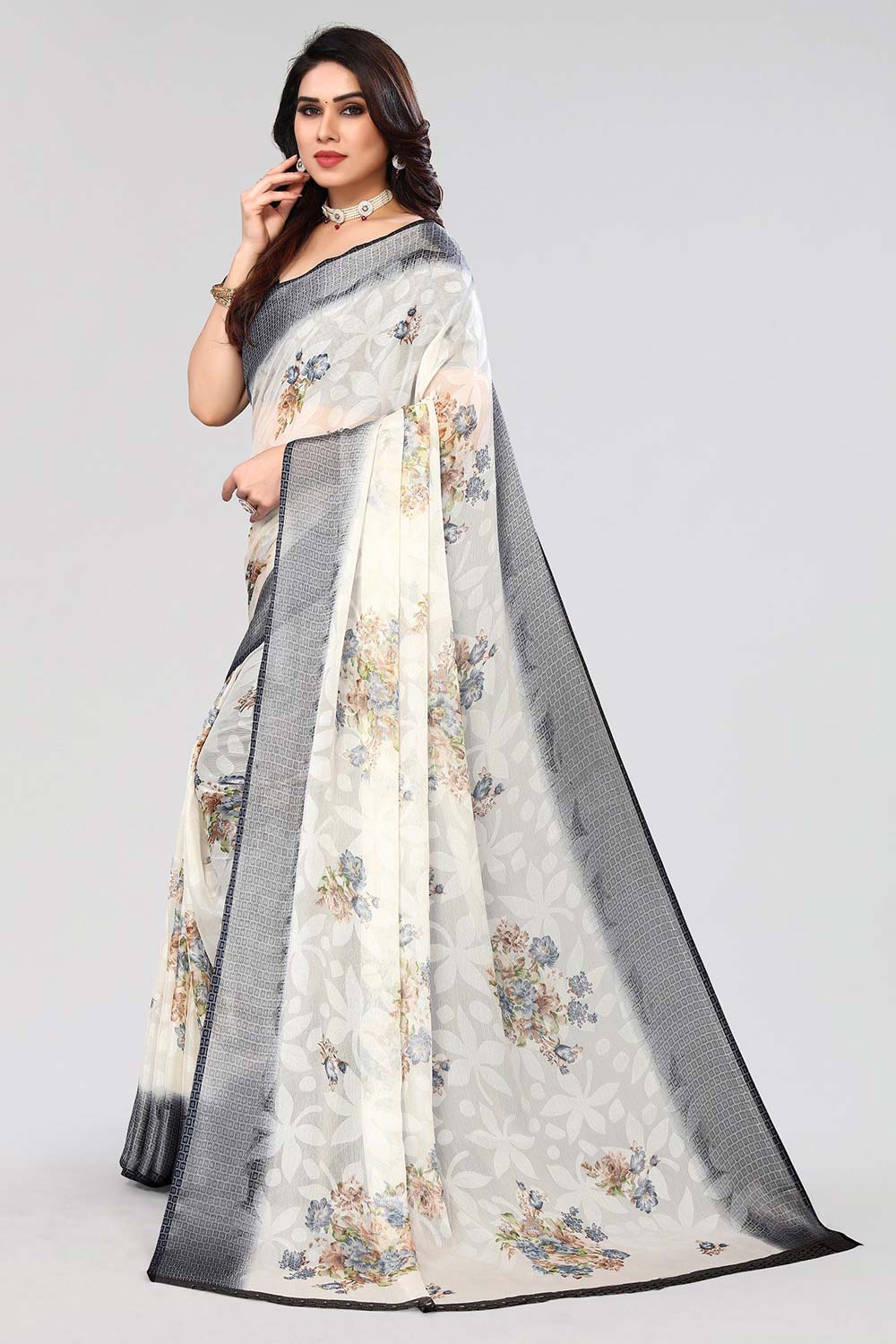 Grey Chiffon printed Saree