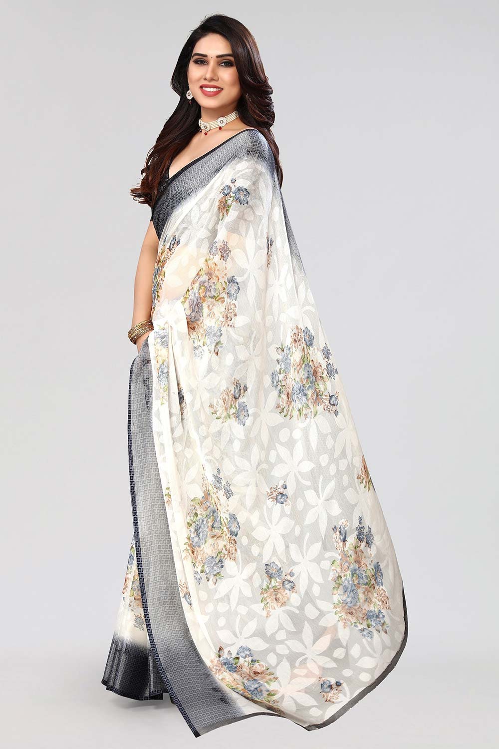 Grey Chiffon printed Saree