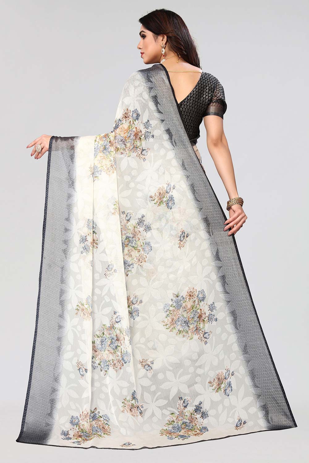 Grey Chiffon printed Saree